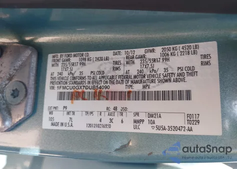 2013 Ford Escape Se z USA, uszkodzony, nr VIN 1FMCU0GX7DUB54090